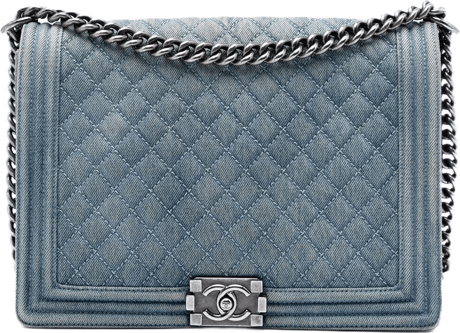 Chanel Large Quilted Denim Boy Flap, från Luxclusif, i färgen denim.