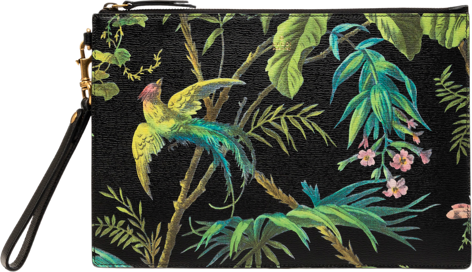 Gucci Calfskin Tropical Print Clutch, från Luxclusif, i färgen black.