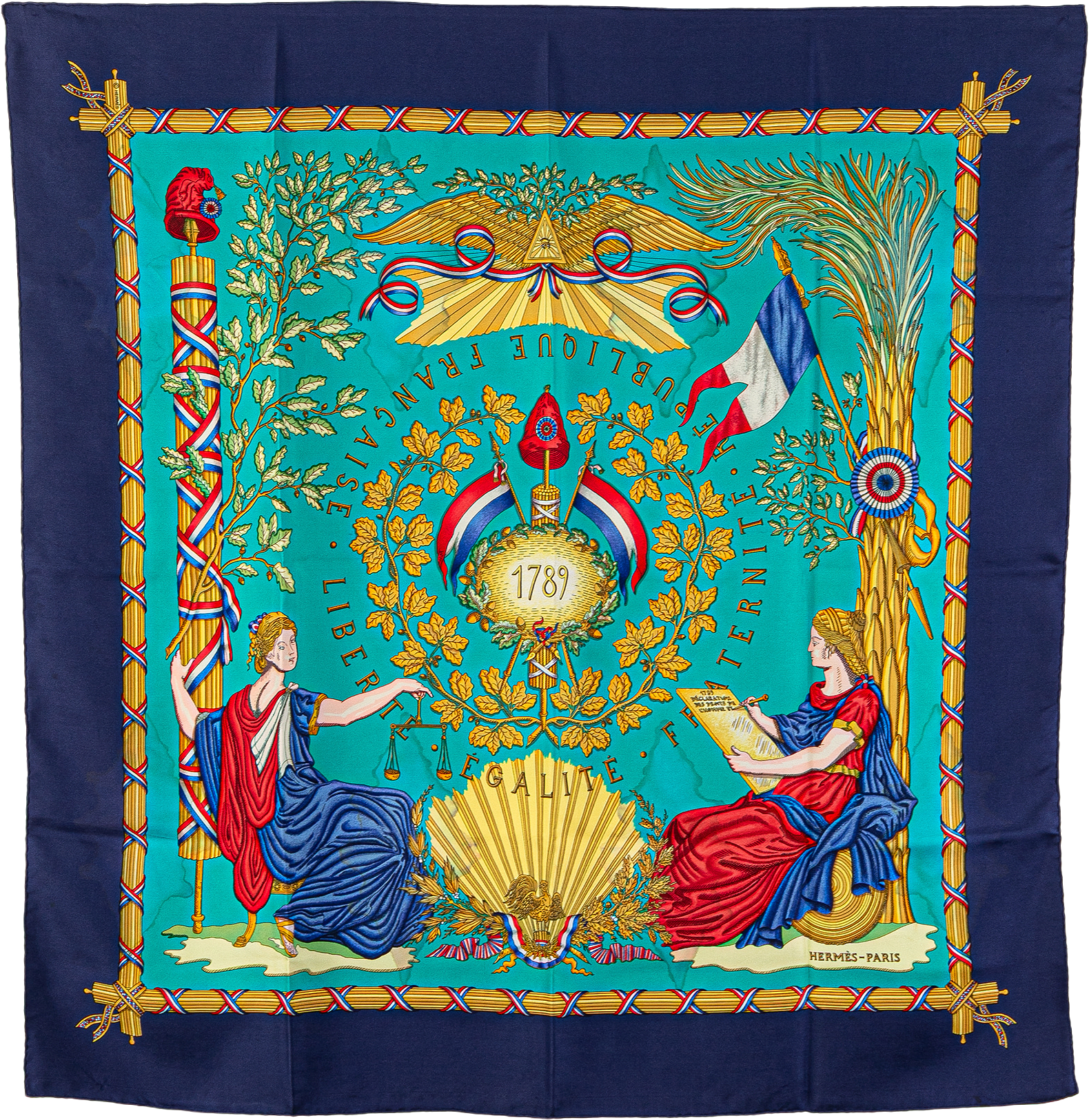 Hermès Republique Francaise Liberte Egalite Fraternite 1789 Silk Scarf, från Luxclusif, i färgen turquoise.