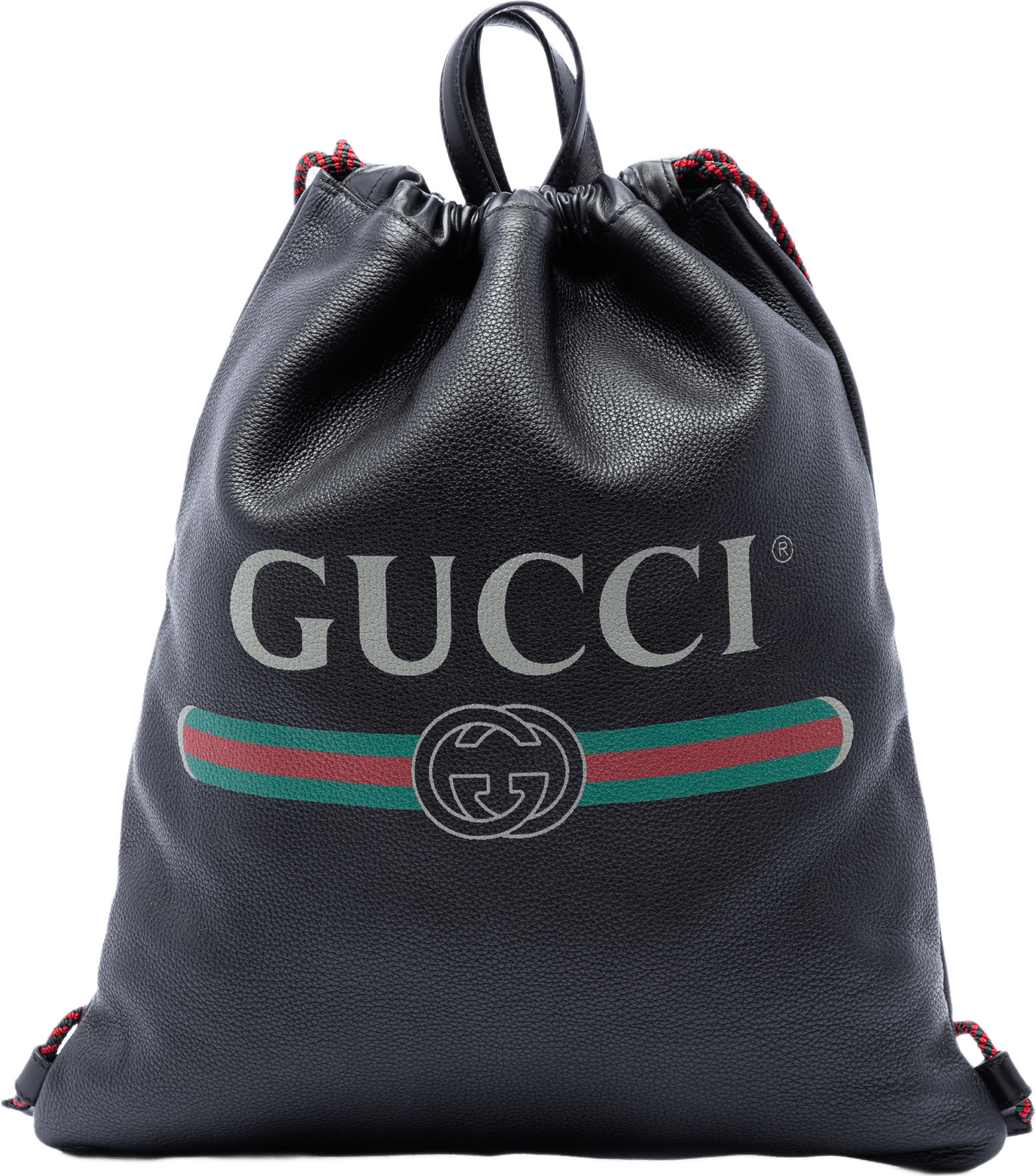 Gucci Grained Calfskin Web Logo Drawstring Backpack, från Luxclusif, i färgen svart.