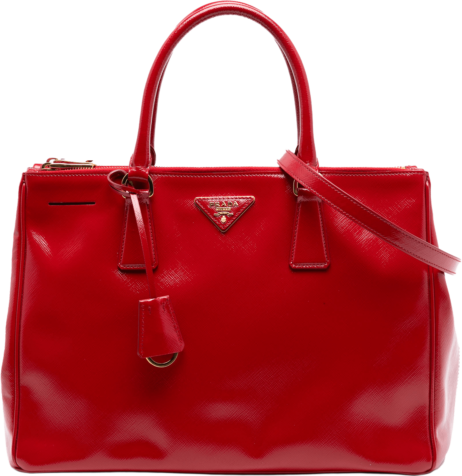 Prada Medium Saffiano Vernice Galleria Double Zip Satchel, från Luxclusif, i färgen red.