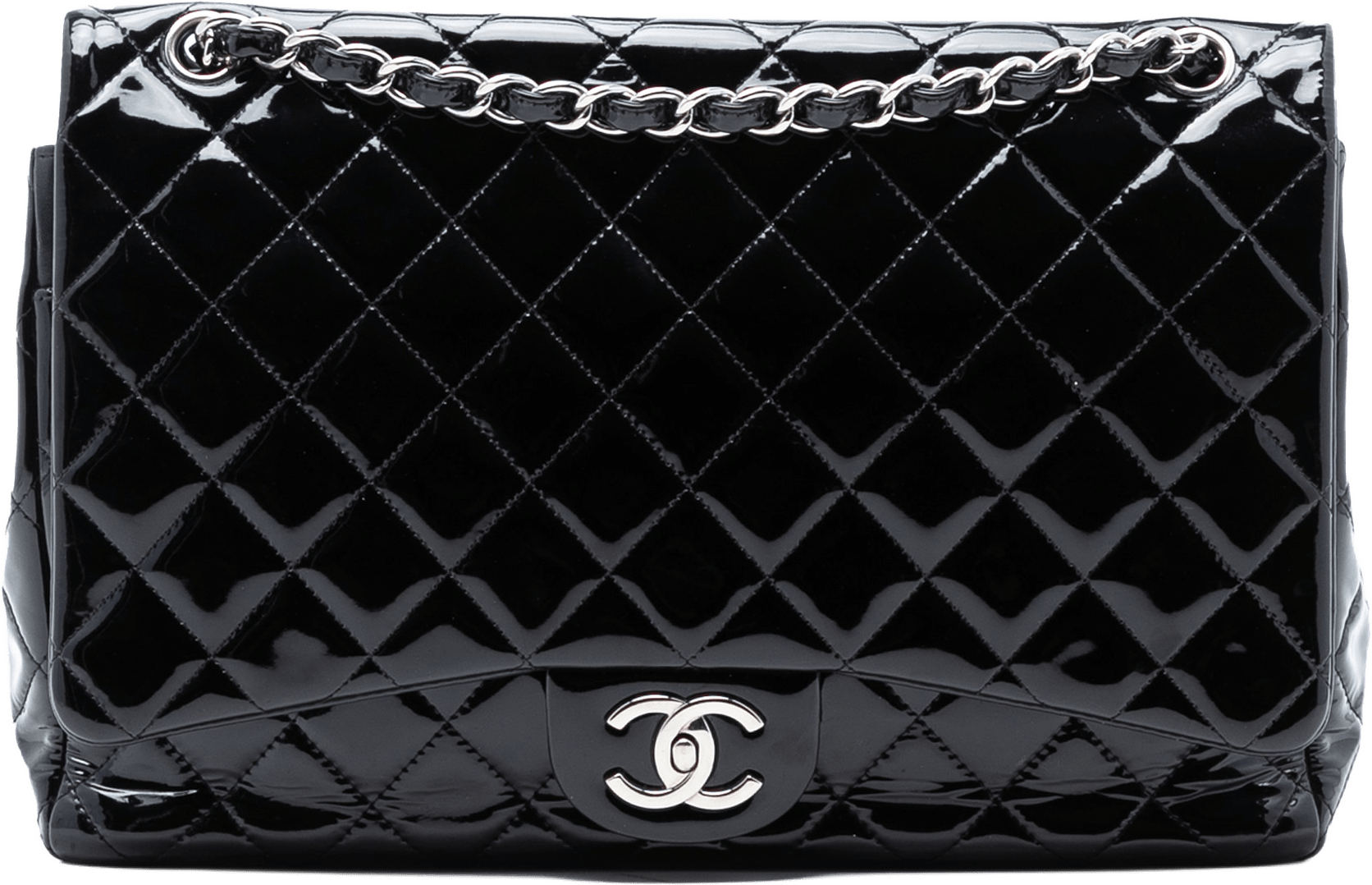 Chanel Maxi Classic Patent Double Flap, från Luxclusif, i färgen black.