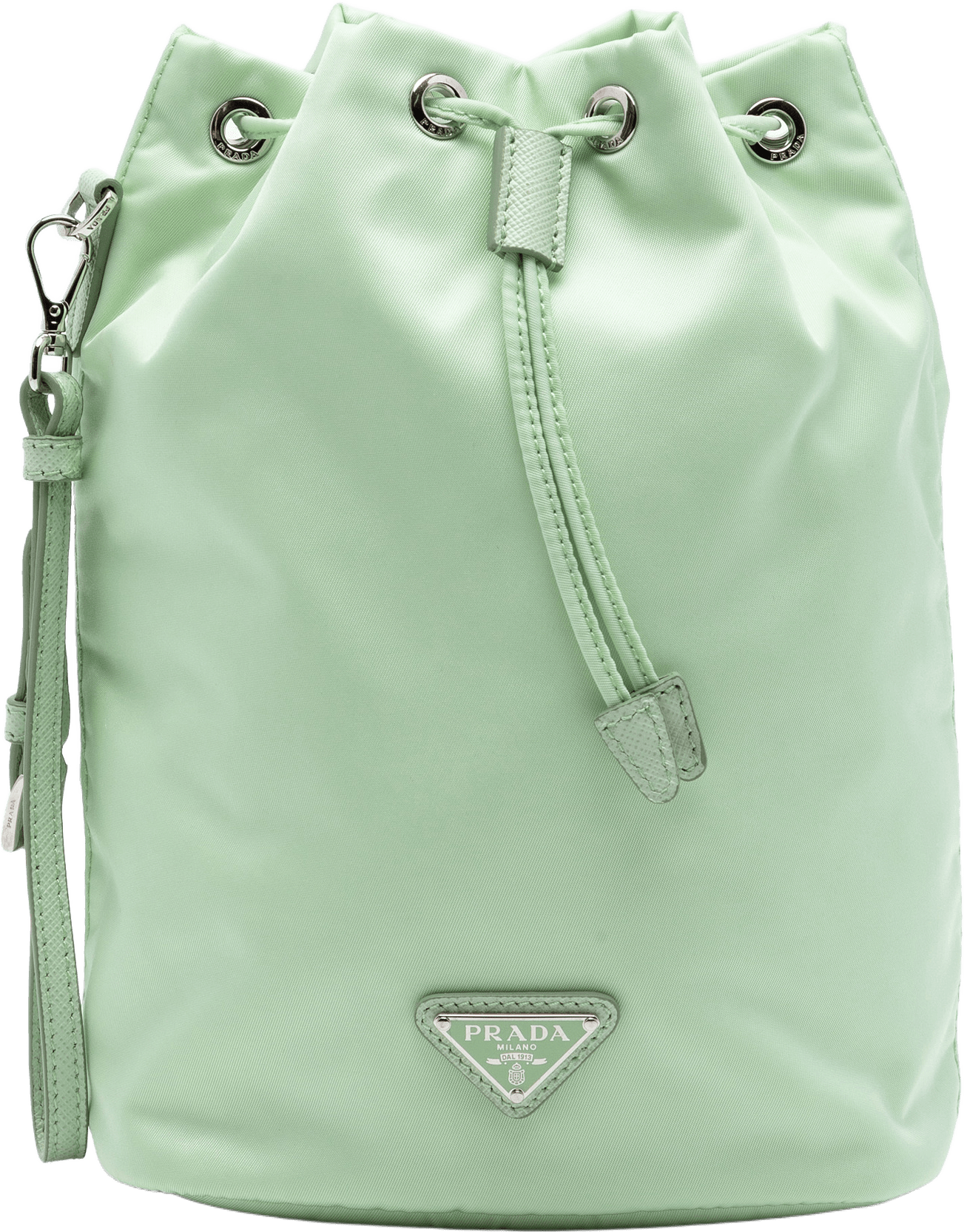 Prada Re Nylon Drawstring Pouch, från Luxclusif, i färgen mint.