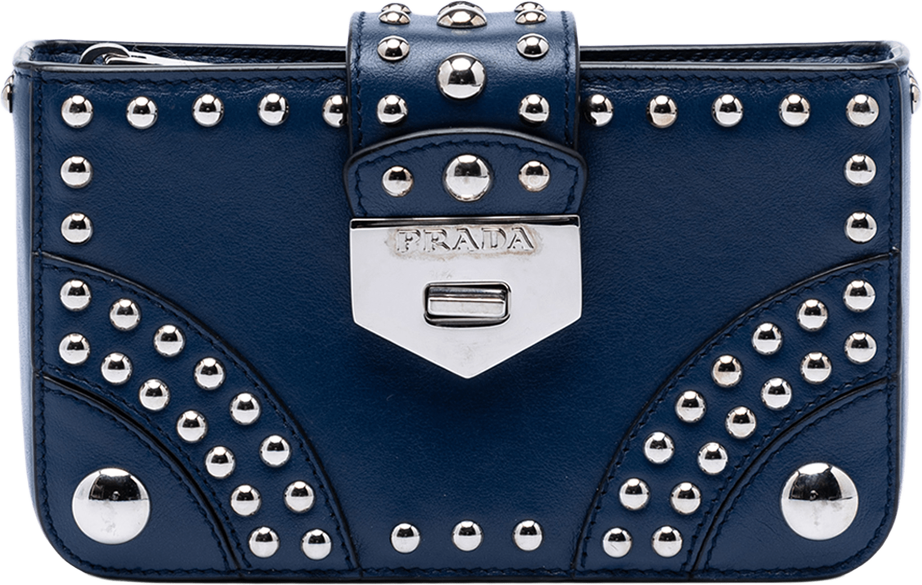 Prada City Calfskin Studded Elektra Turn Lock Clutch, från Luxclusif, i färgen dark blue.