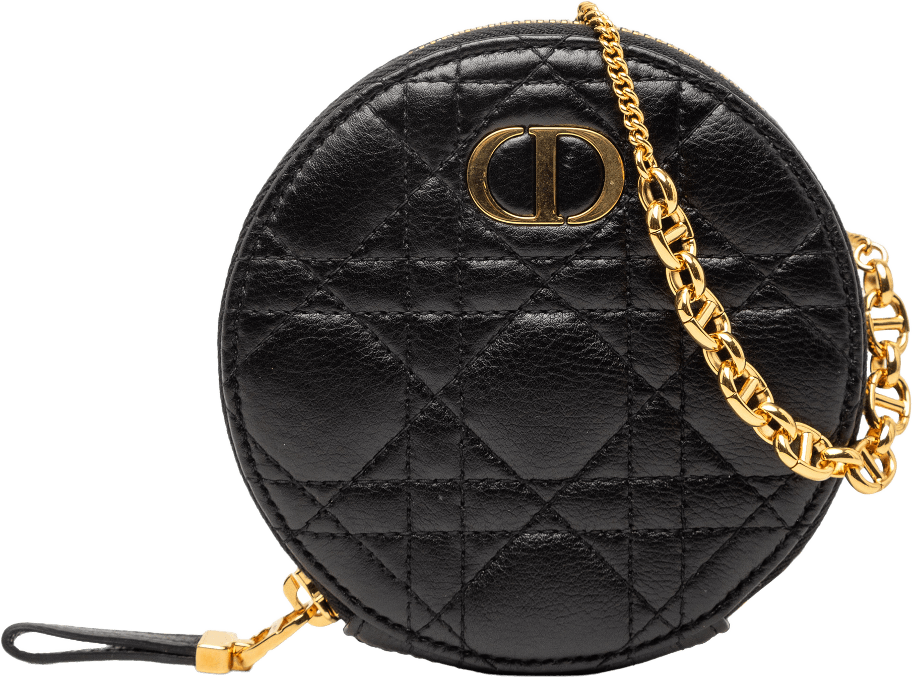 Dior Calfskin Cannage Round Caro Pouch With Chain, från Luxclusif, i färgen black.