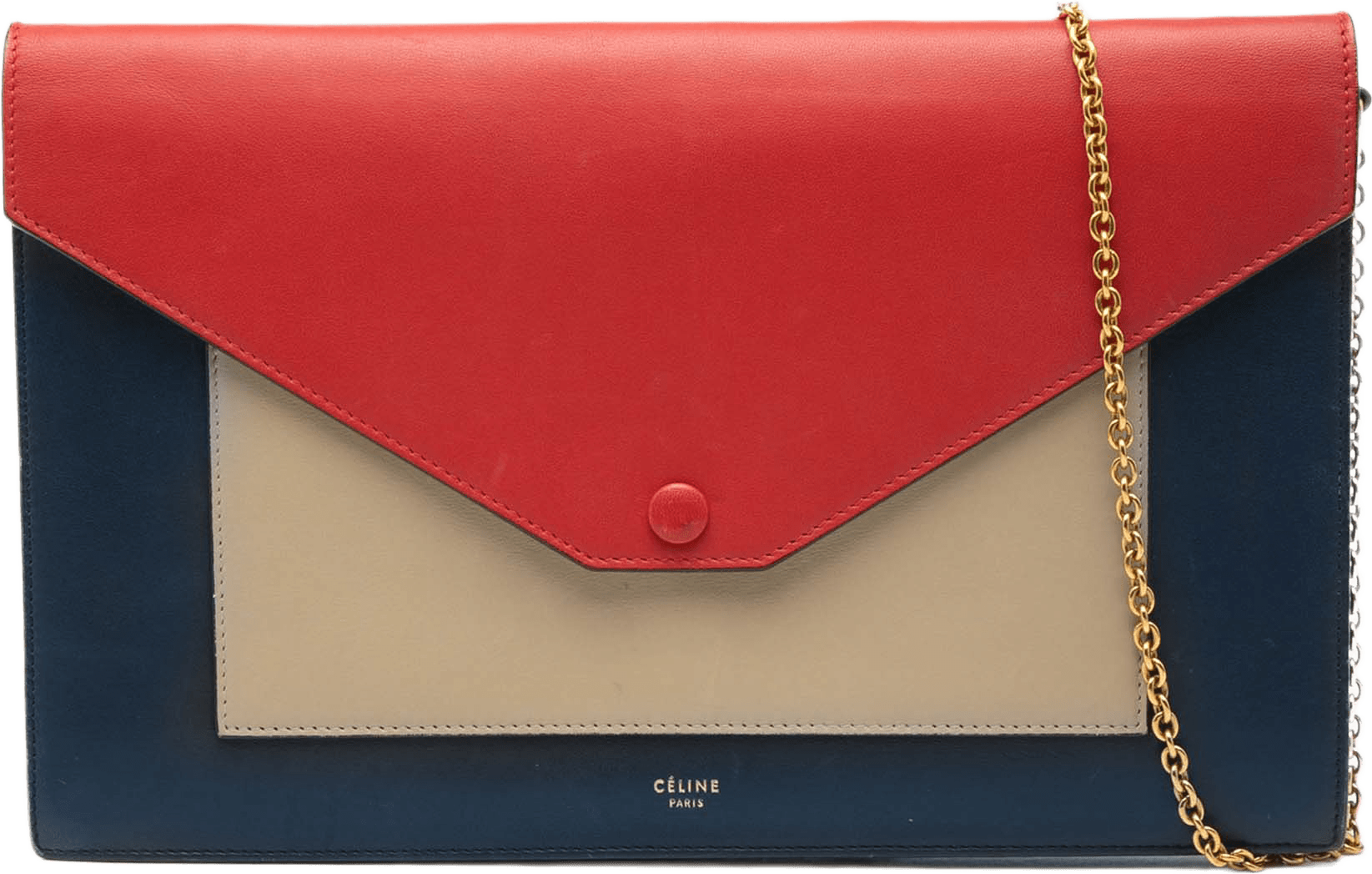Celine Large Tricolor Leather Pocket Envelope Flap On Chain, från Luxclusif, i färgen blå.
