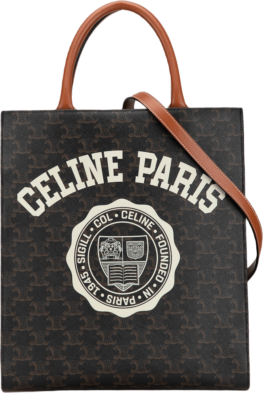 Celine Small Triomphe Coated Canvas Paris Print Vertical Cabas, från Luxclusif, i färgen brown.
