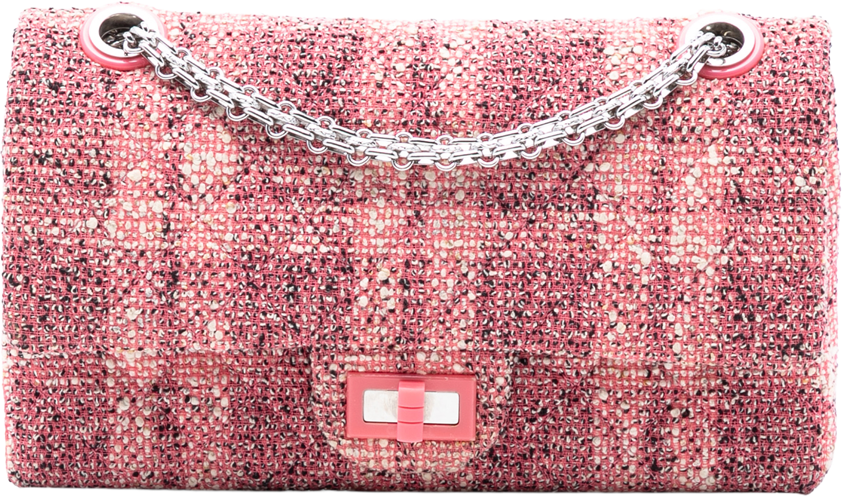 Chanel Quilted Tweed Reissue 2.55 Double Flap 225, från Luxclusif, i färgen pink.