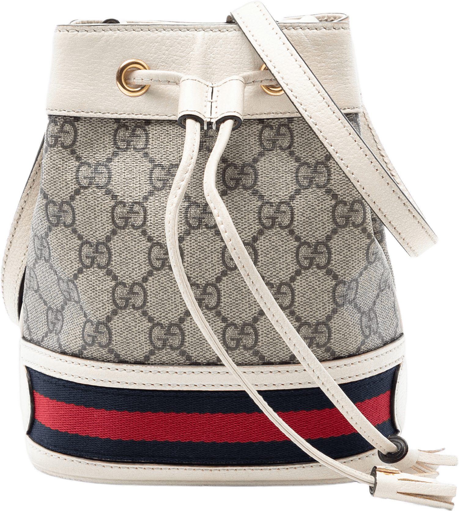 Gucci Mini Gg Supreme Web Ophidia Bucket Bag, från Luxclusif, i färgen beige.