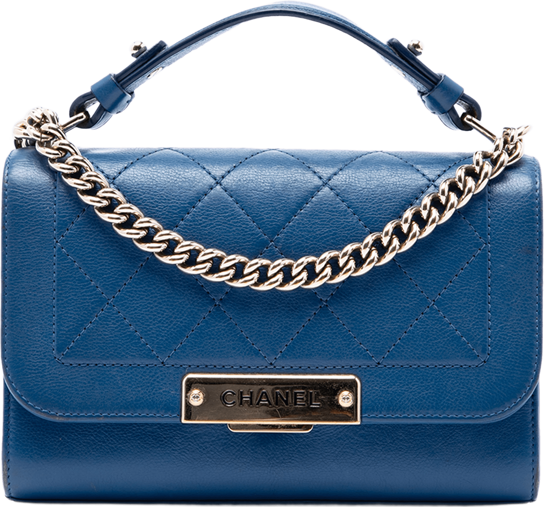 Chanel Small Quilted Grained Calfskin Label Click Flap, från Luxclusif, i färgen blå.