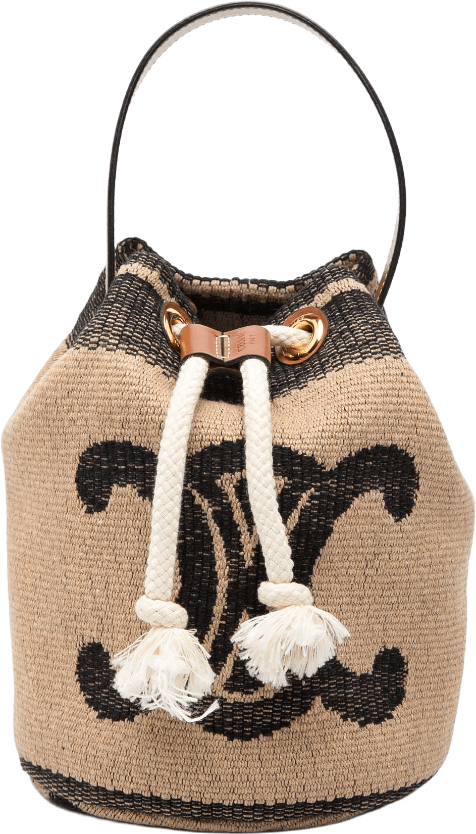 Celine Small Triomphe Raffia Drawstring Bucket Bag, från Luxclusif, i färgen beige.
