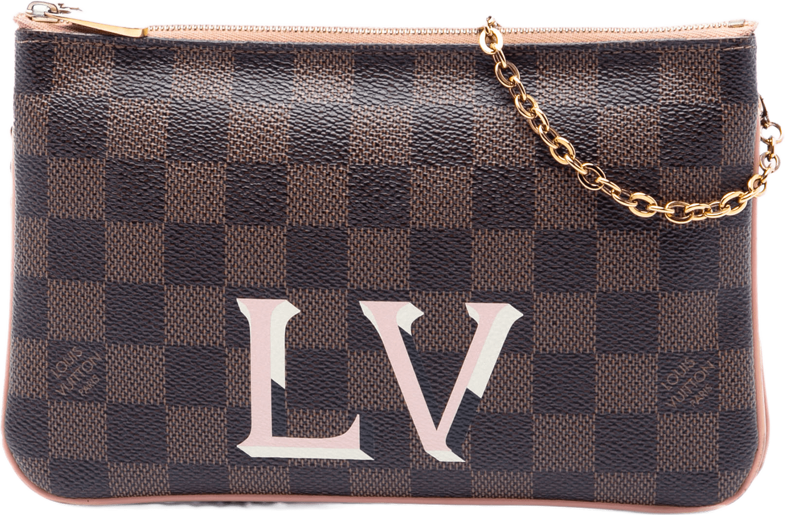 Louis Vuitton Damier Ebene Pochette Double Zip, från Luxclusif, i färgen brown.