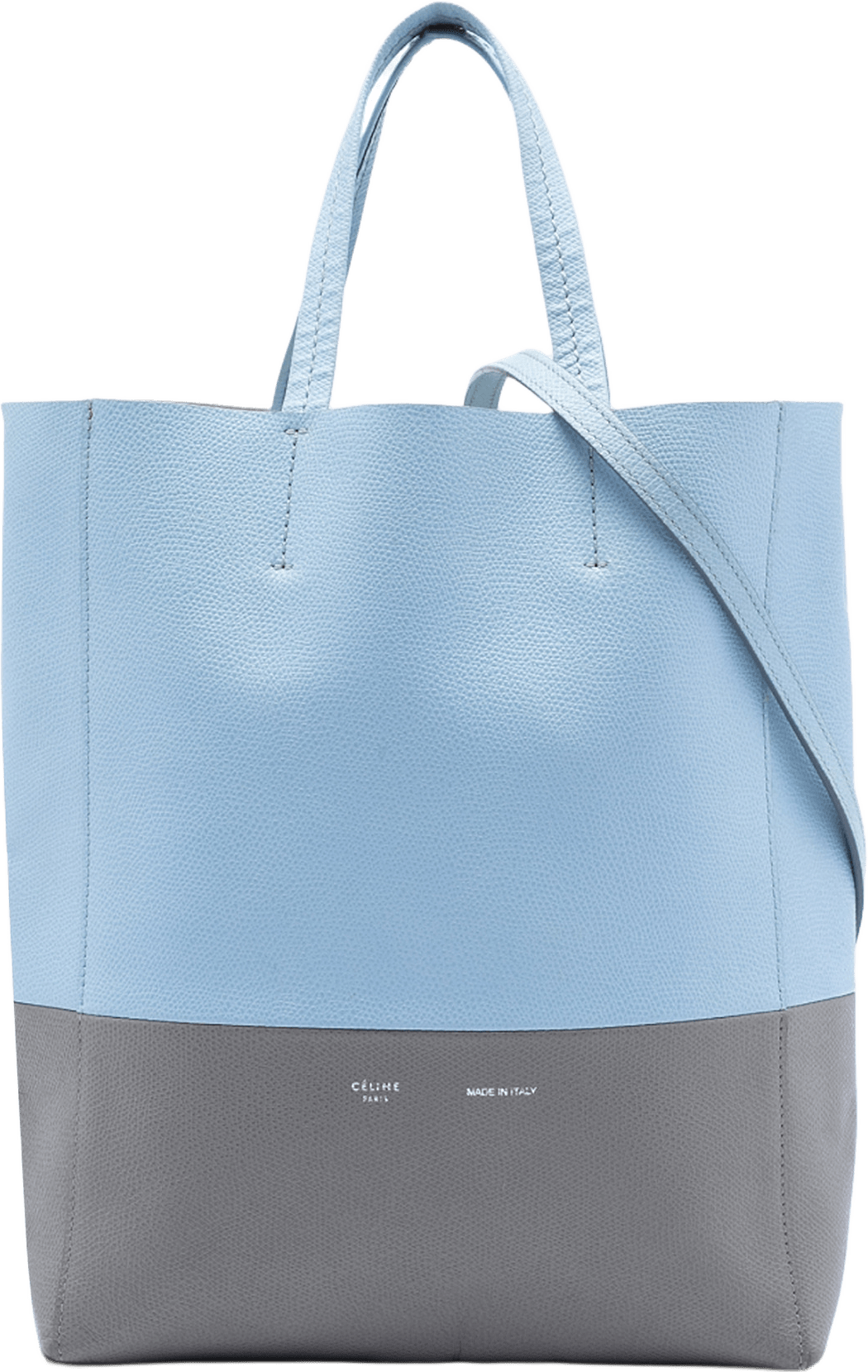 Celine Small Bicolor Grained Calfskin Vertical Cabas Tote, från Luxclusif, i färgen light blue.