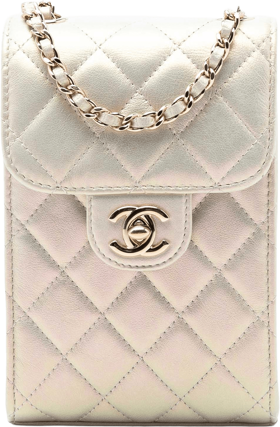 Chanel Cc Quilted Iridescent Lambskin Phone Holder With Chain, från Luxclusif, i färgen pearl.