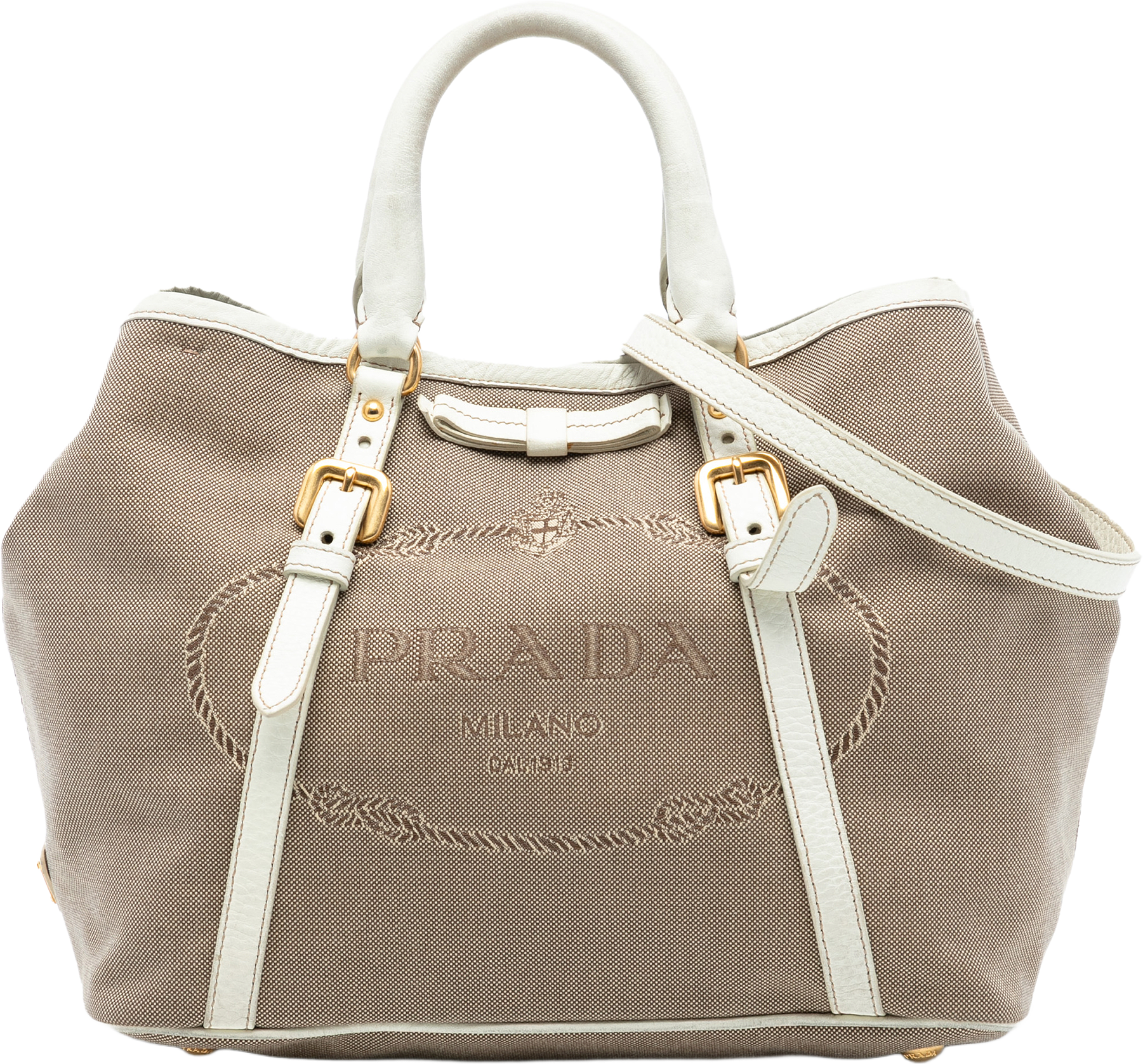 Prada Canvas Canapa Logo Bow Satchel, från Luxclusif, i färgen beige.