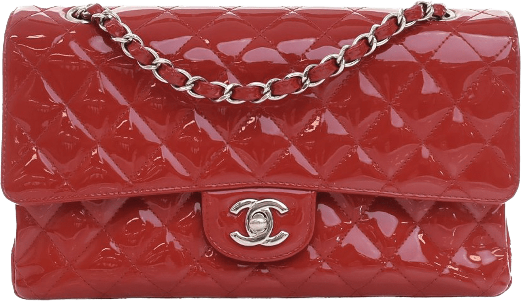 Chanel Medium Classic Patent Double Flap, från Luxclusif, i färgen red.