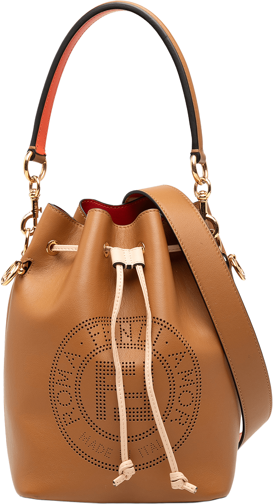 Fendi Small Perforated Leather Mon Tresor Bucket Bag, från Luxclusif, i färgen camel.