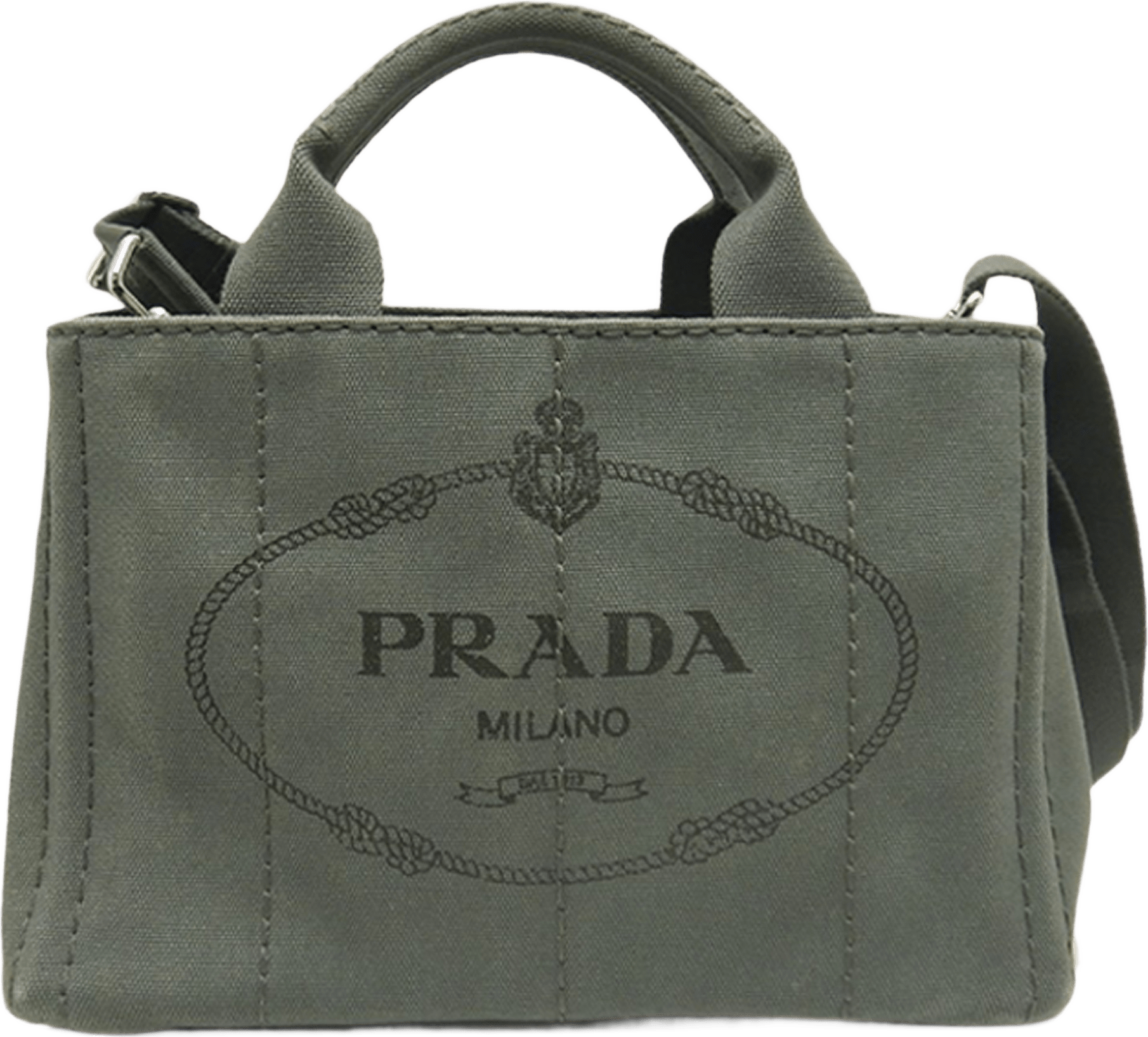 Prada Small Canvas Canapa Logo Satchel, från Luxclusif, i färgen grå.