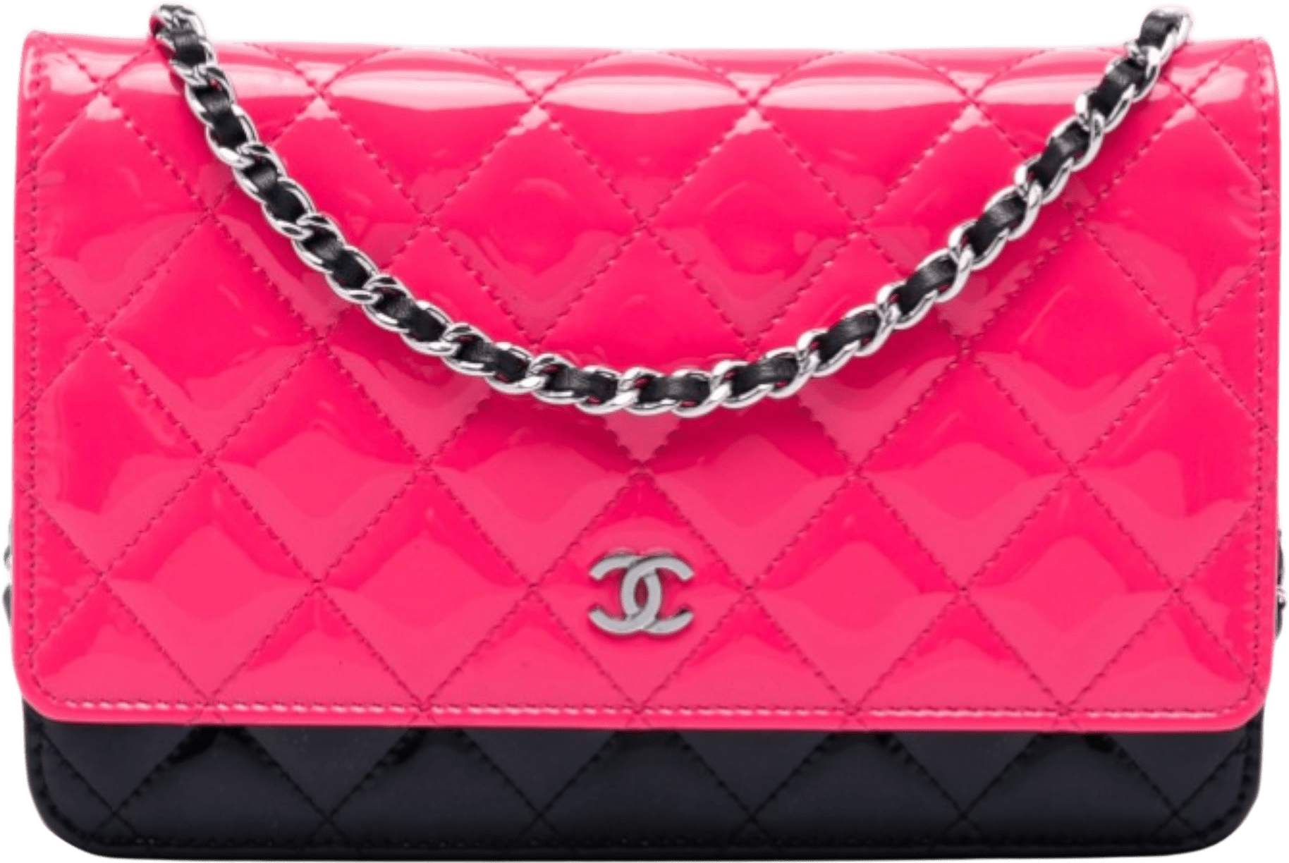 Chanel Cc Bicolor Quilted Patent Wallet On Chain, från Luxclusif, i färgen hot pink.