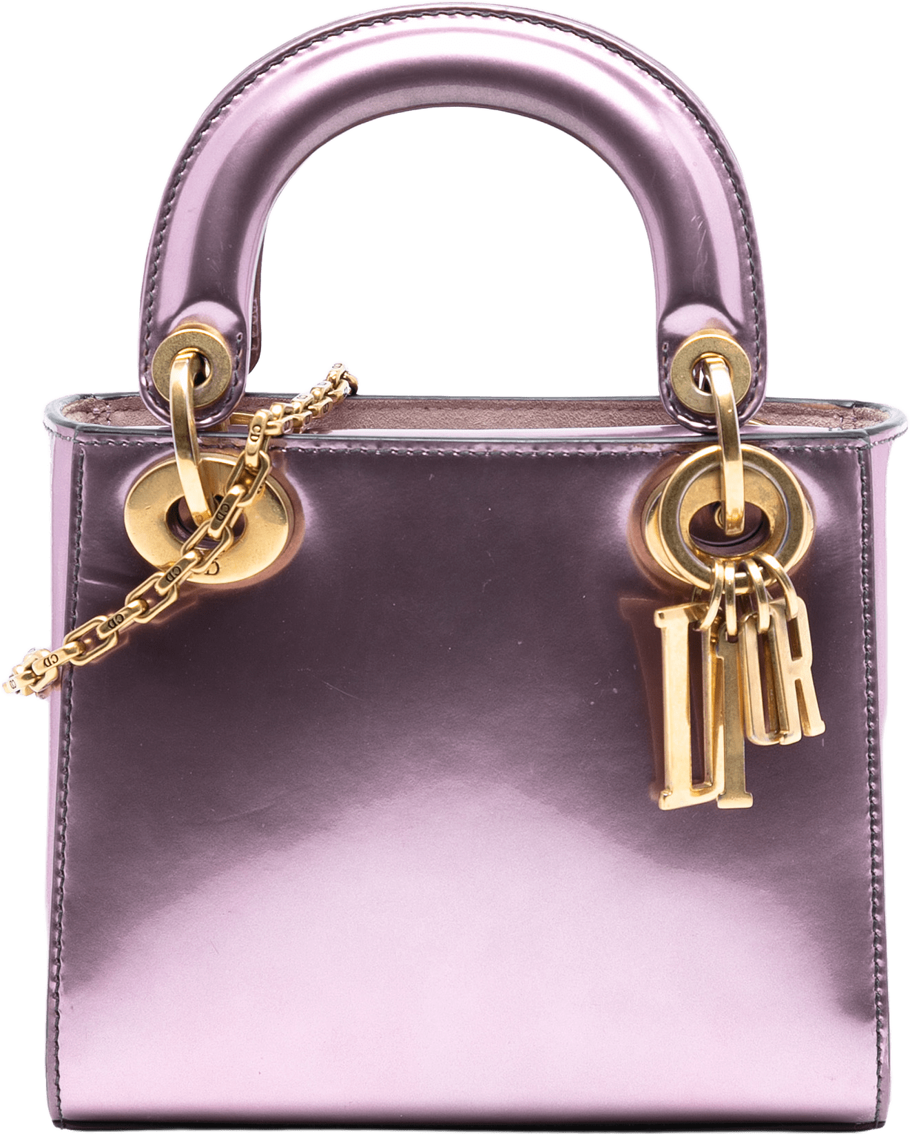 Dior Mini Metallic Patent Lady Dior, från Luxclusif, i färgen pink.
