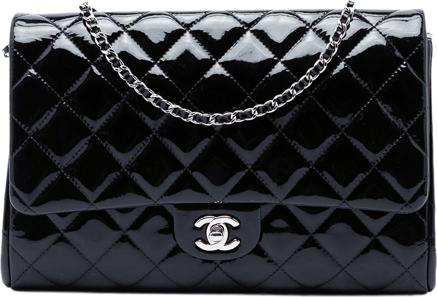 Chanel Cc Quilted Patent Flap Clutch With Chain, från Luxclusif, i färgen svart.