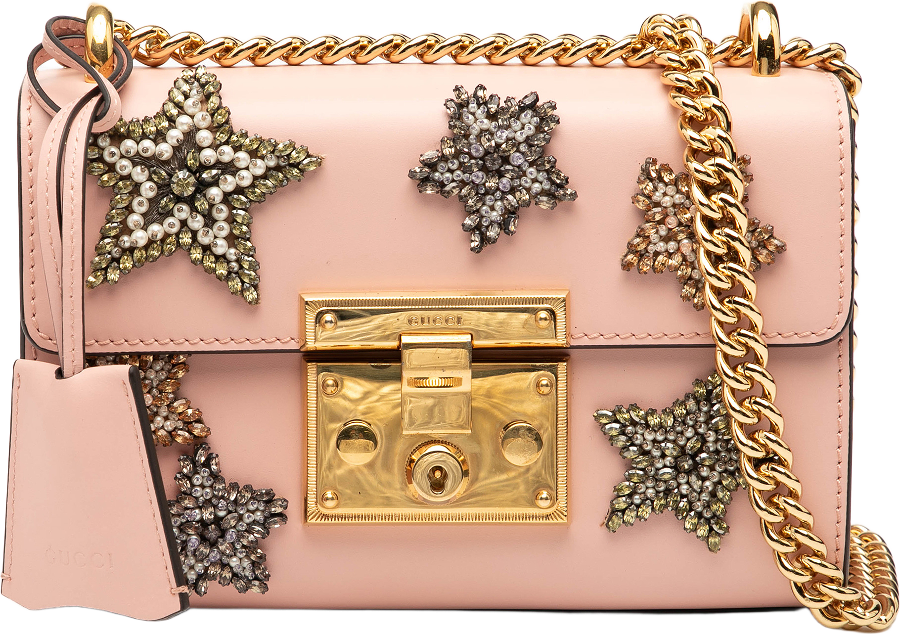 Gucci Small Crystal Embellished Leather Star Padlock Crossbody, från Luxclusif, i färgen pink.