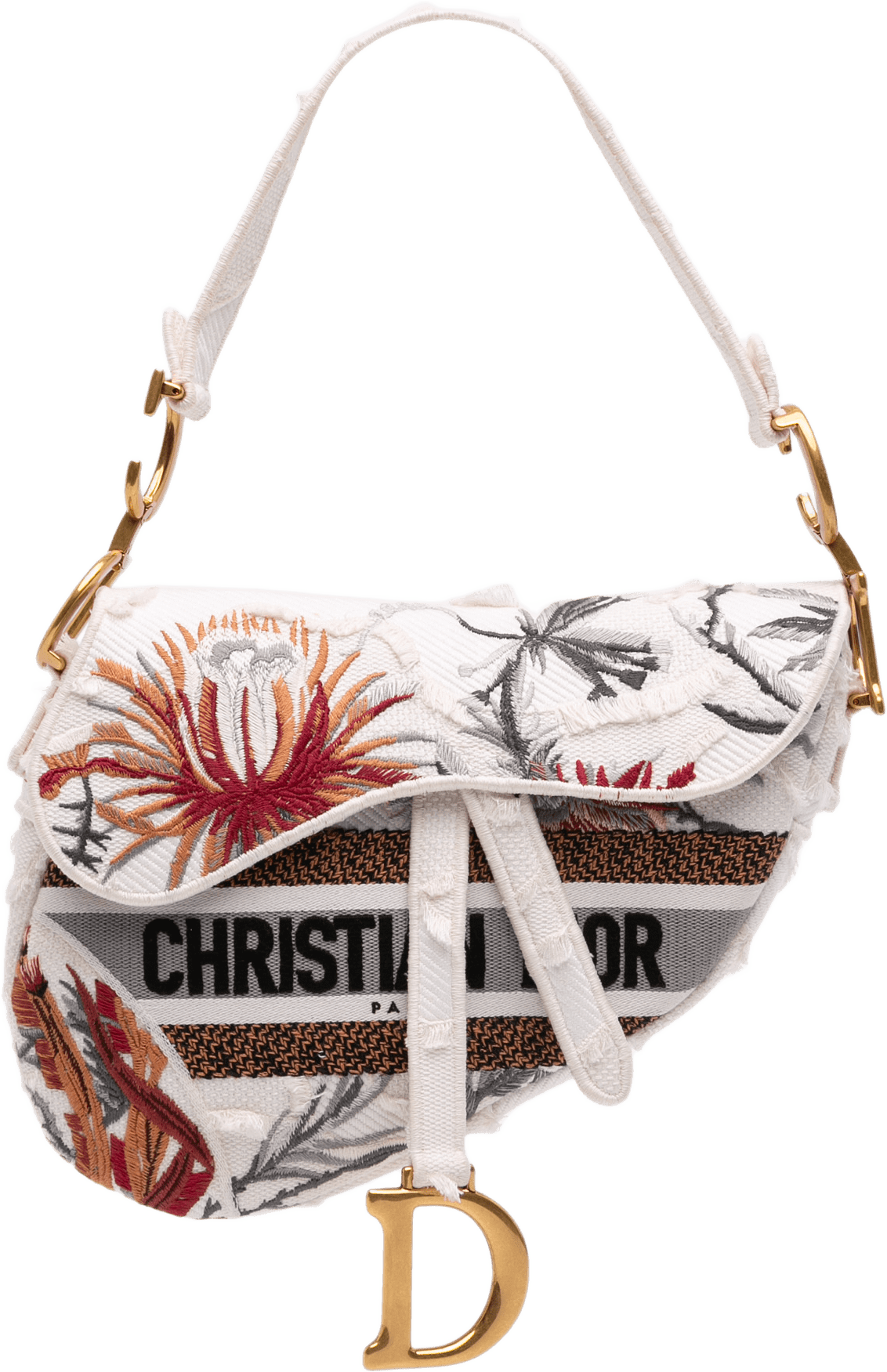 Dior Canvas Embroidered Camouflage Flowers Saddle Bag, från Luxclusif, i färgen vit.