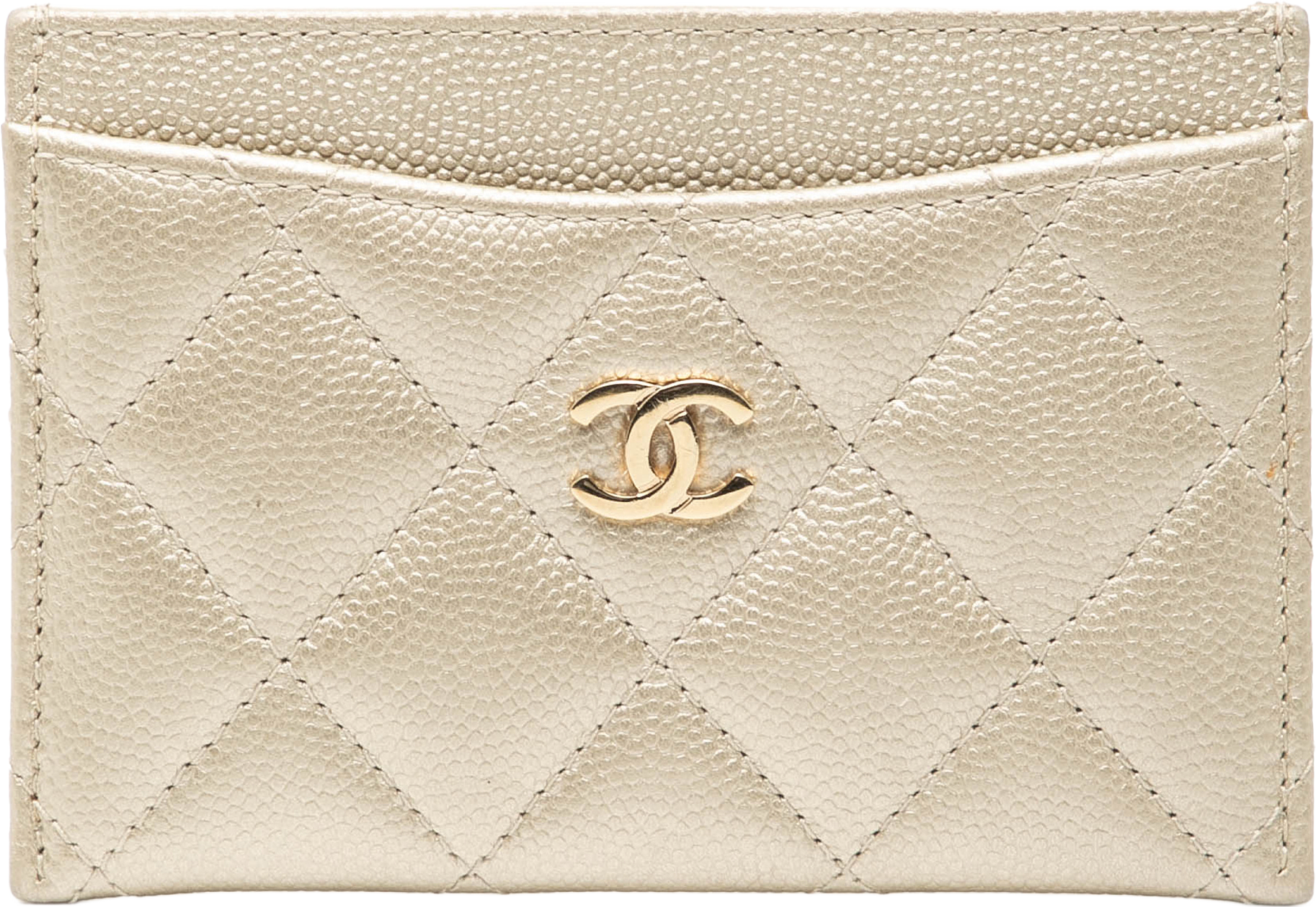 Chanel Cc Quilted Caviar Card Holder, från Luxclusif, i färgen light gold.