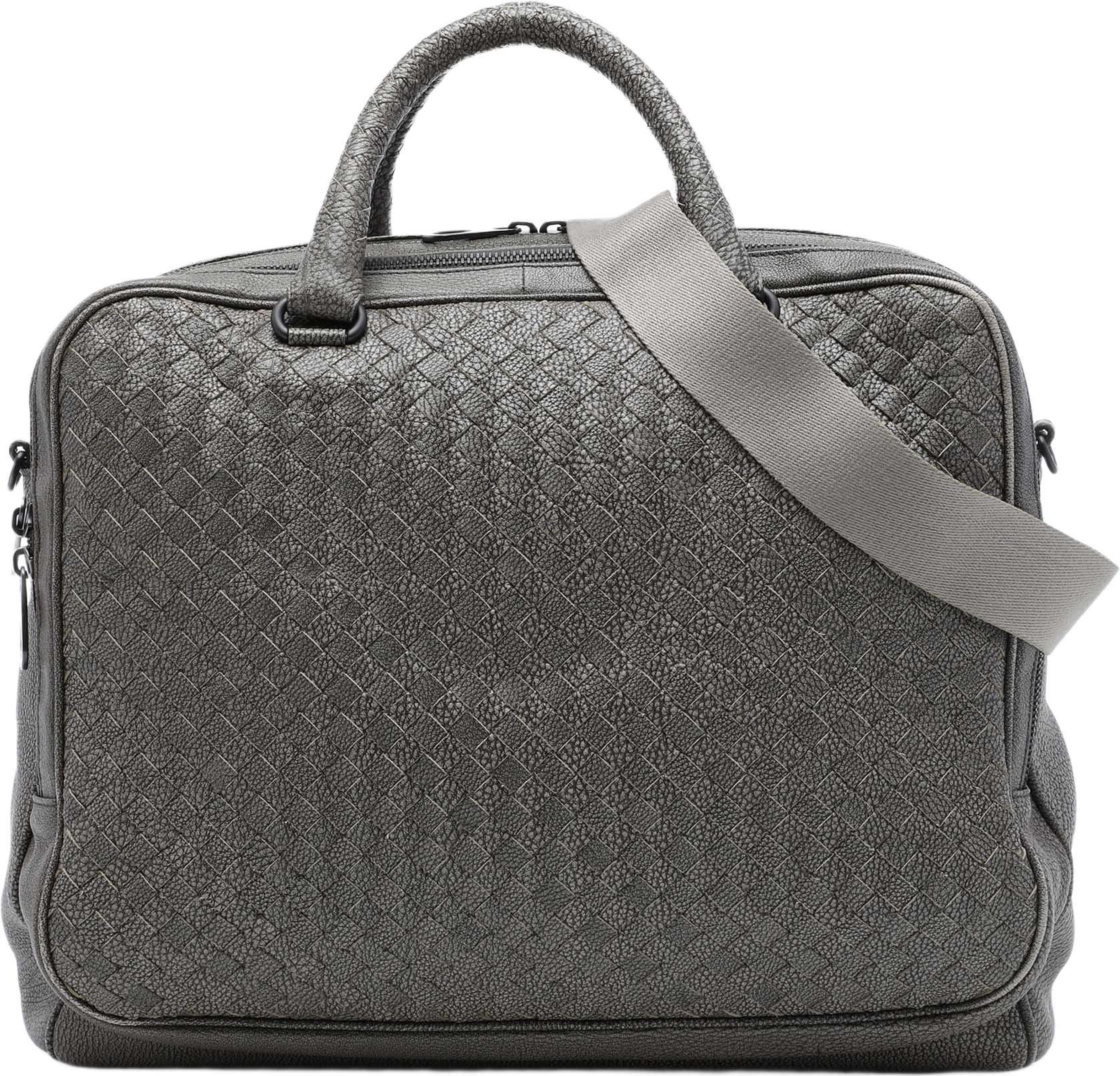 Bottega Veneta Grained Calfskin Intrecciato Business Bag, från Luxclusif, i färgen grå.