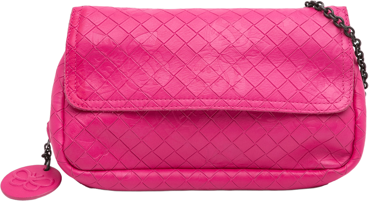 Bottega Veneta Small Calfskin Intrecciomirage Embossed Butterfly Chain Crossbody, från Luxclusif, i färgen dark pink.