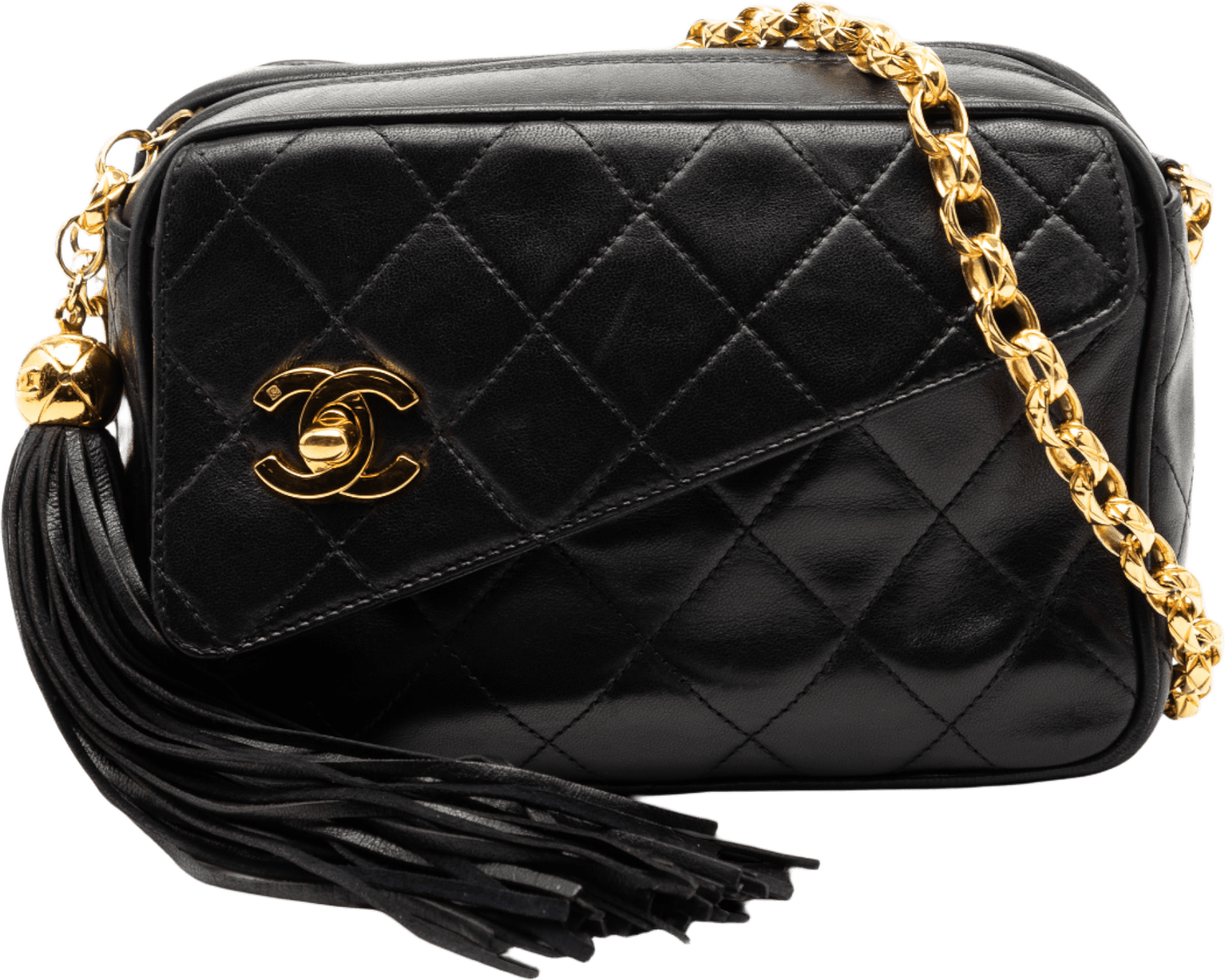 Chanel Cc Quilted Lambskin Tassel Camera Bag, från Luxclusif, i färgen black.