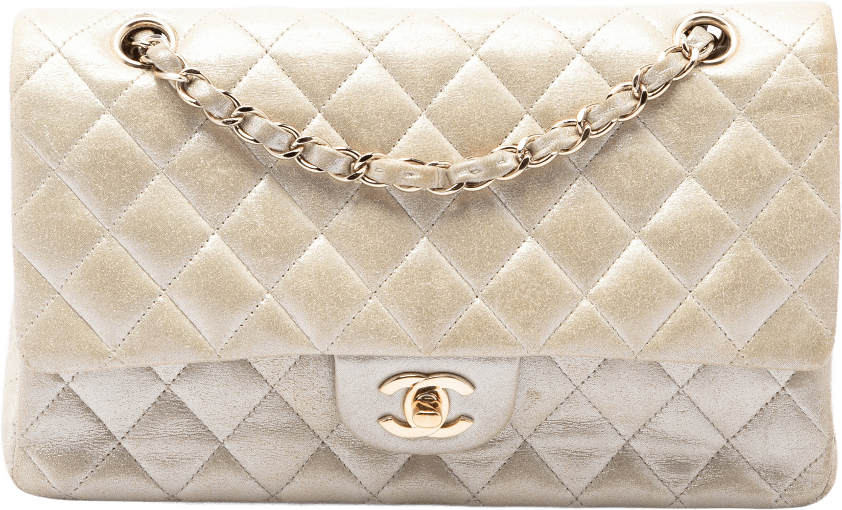 Chanel Medium Classic Iridescent Calfskin Double Flap, från Luxclusif, i färgen guld.