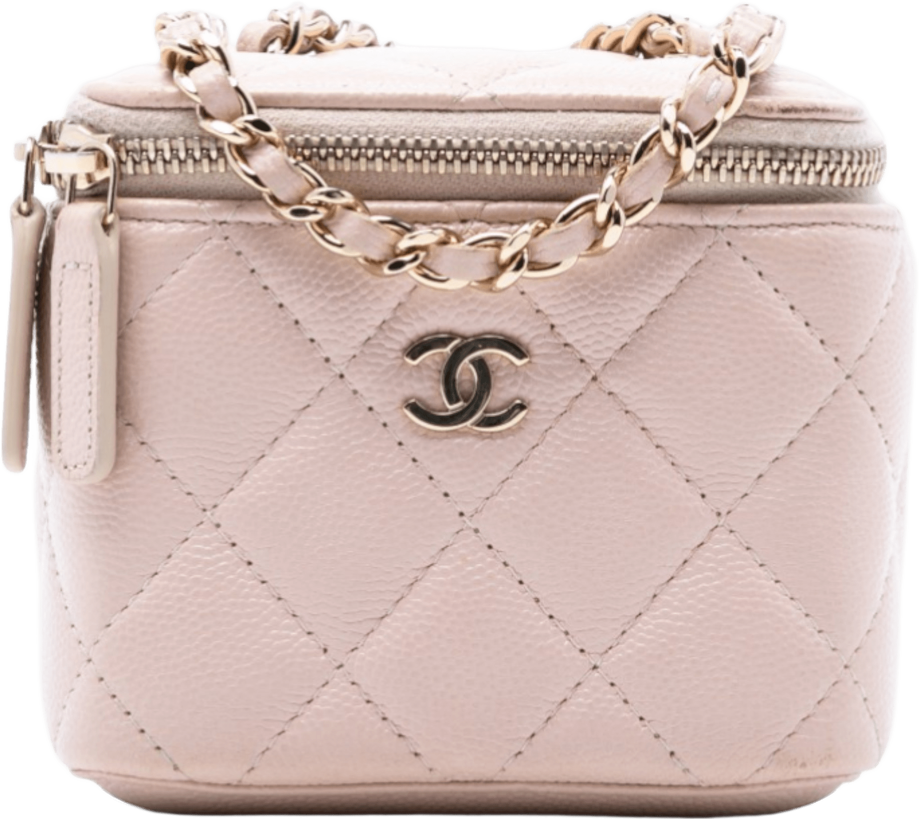 Chanel Mini Cc Quilted Caviar Vanity Case With Chain, från Luxclusif, i färgen light pink.