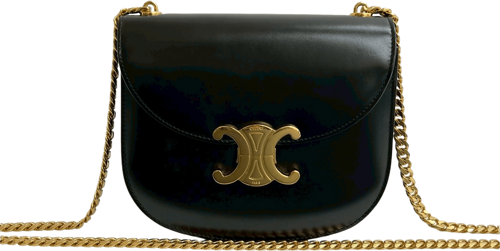 Celine Teen Shiny Calfskin Triomphe Besace Clea Chain Crossbody, från Luxclusif, i färgen black.