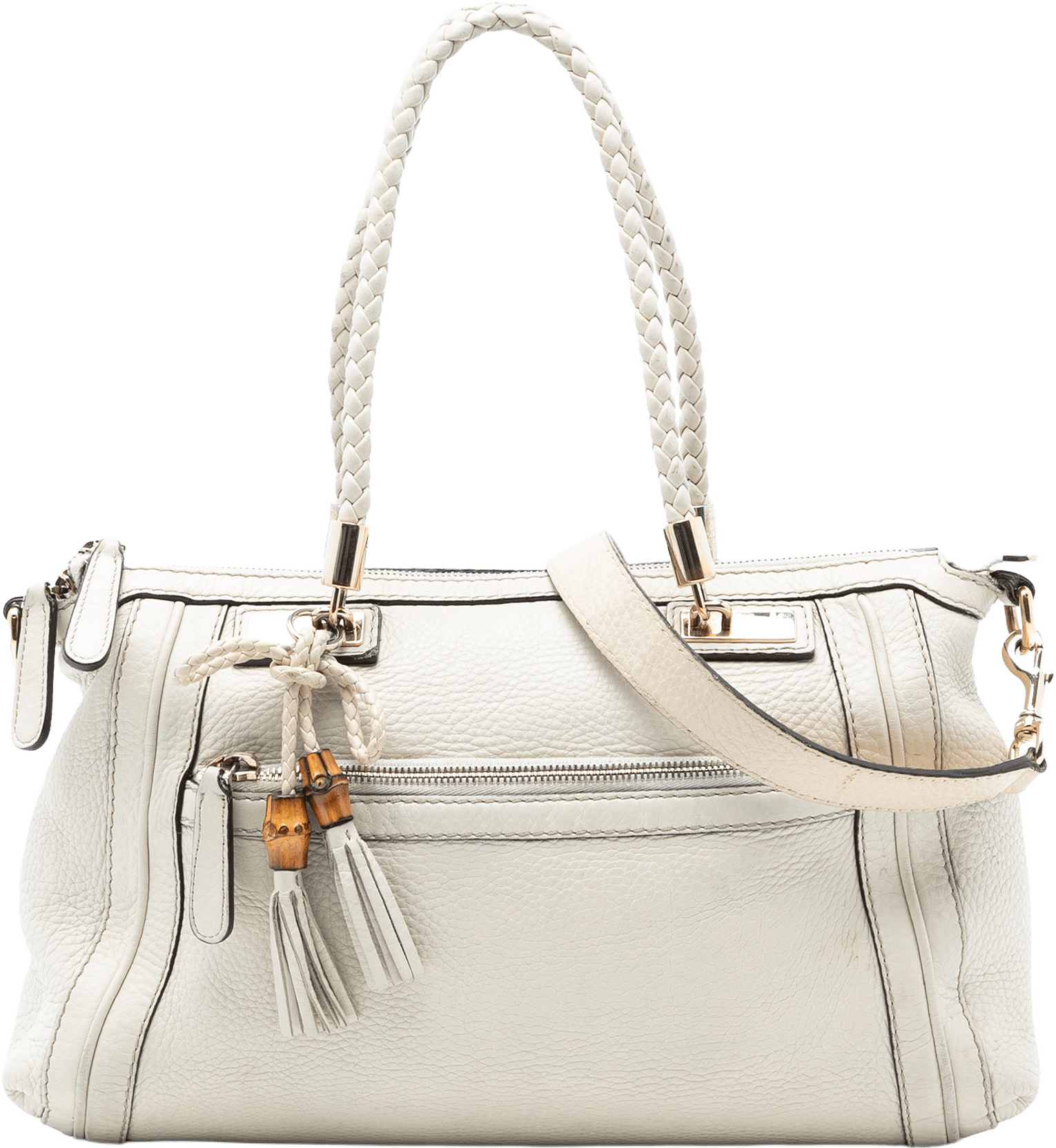 Gucci Pebbled Calfskin Bella Satchel, från Luxclusif, i färgen ivory.