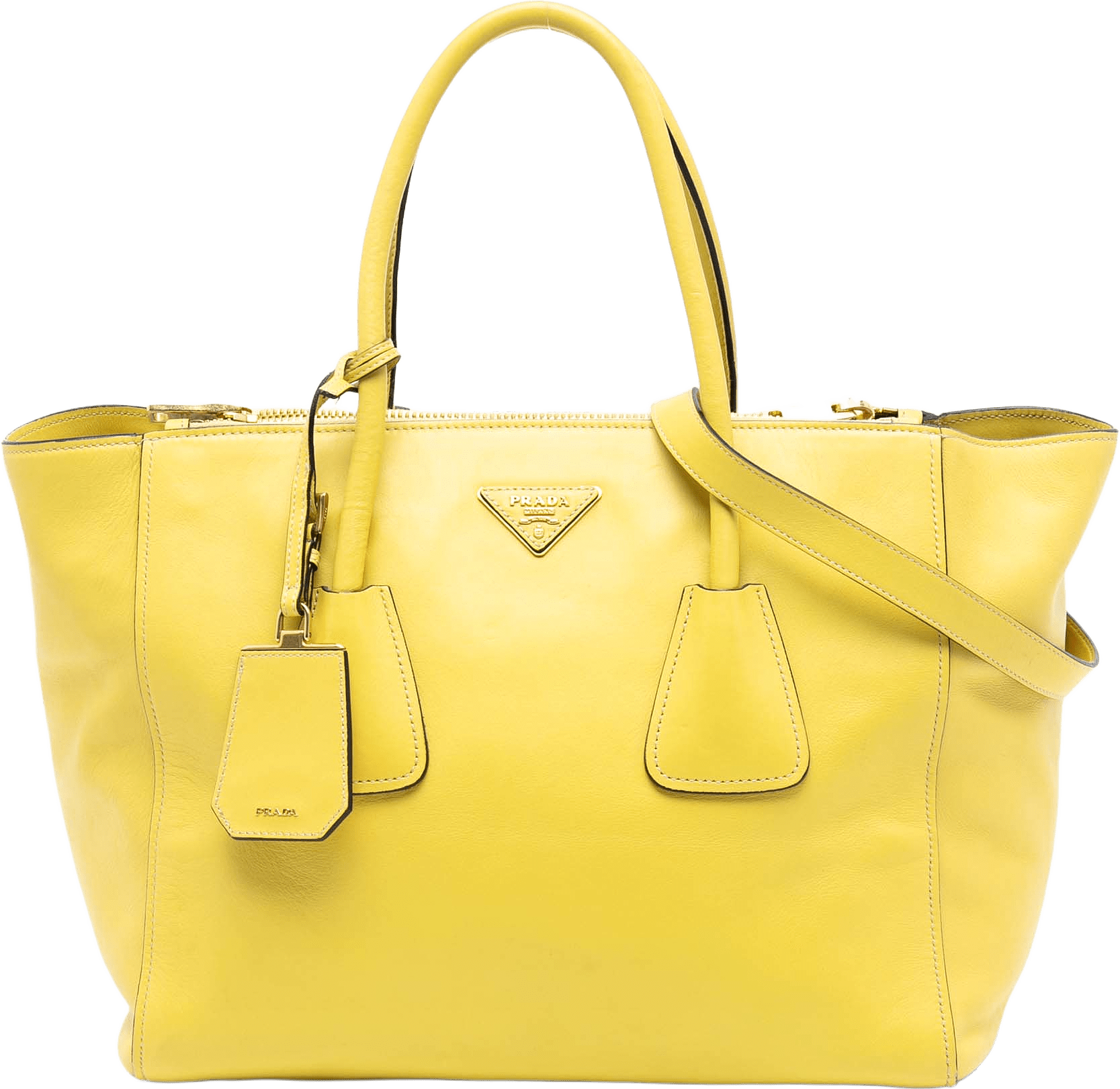 Prada Vitello Daino Double Zip Convertible Tote, från Luxclusif, i färgen yellow.