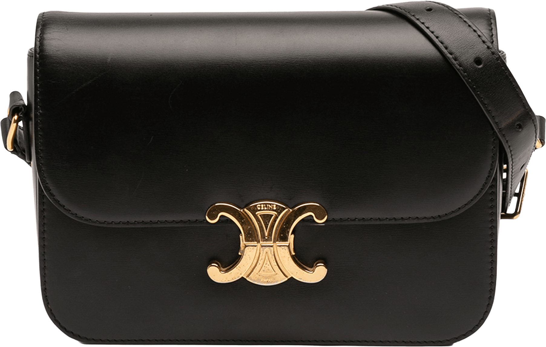 Celine Classique Shiny Calfskin Triomphe Crossbody, från Luxclusif, i färgen black.