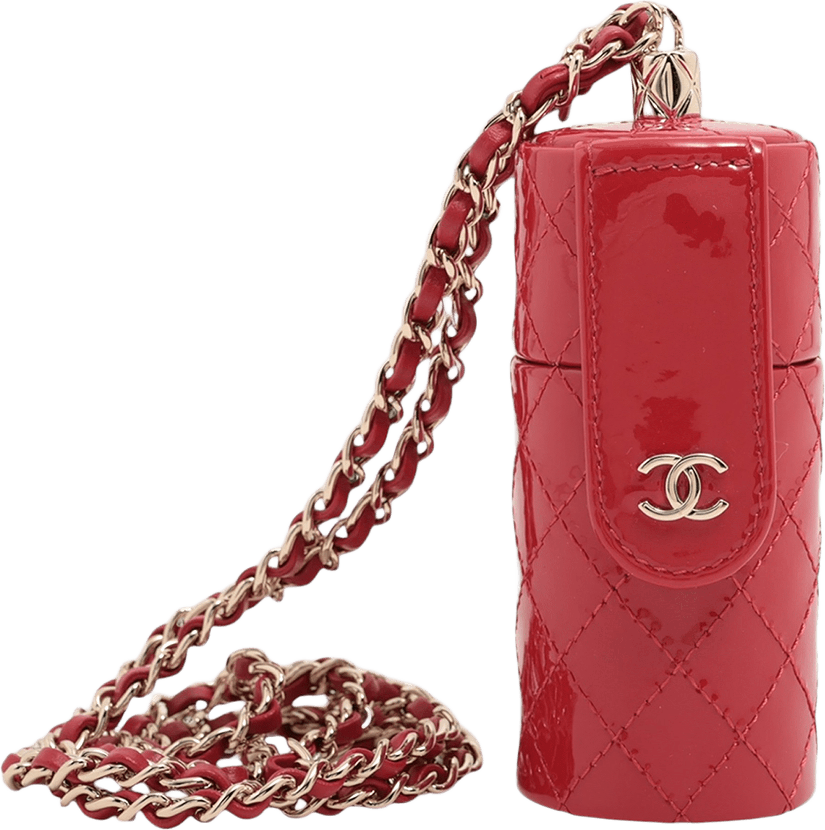 Chanel Cc Quilted Patent Lipstick Case, från Luxclusif, i färgen red.