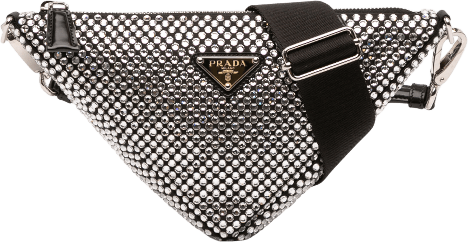 Prada Crystal Embellished Satin Triangle Pouch, från Luxclusif, i färgen black.