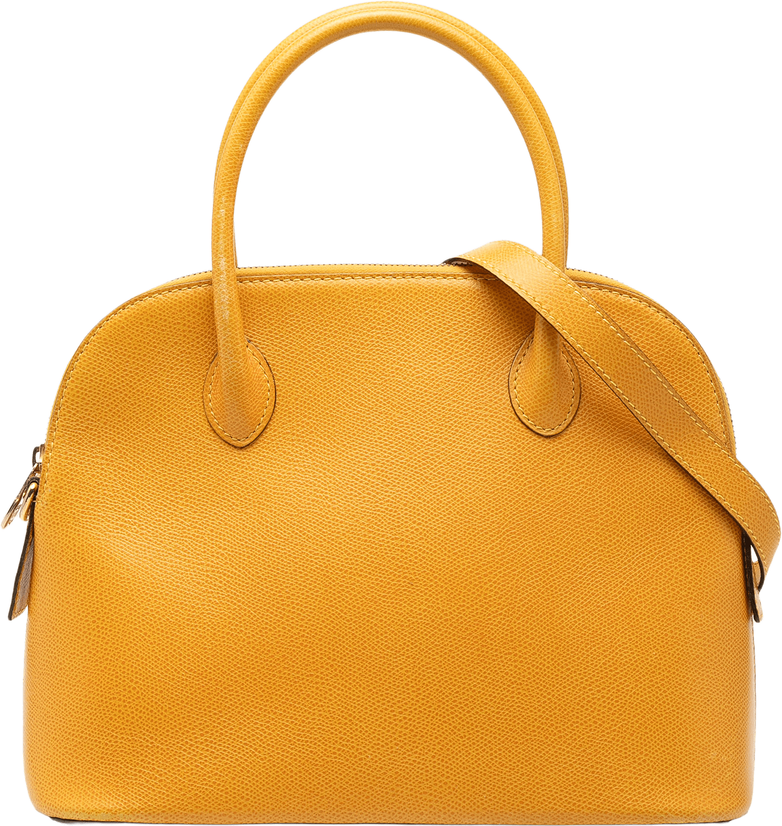 Celine Leather Dome Satchel, från Luxclusif, i färgen mustard.