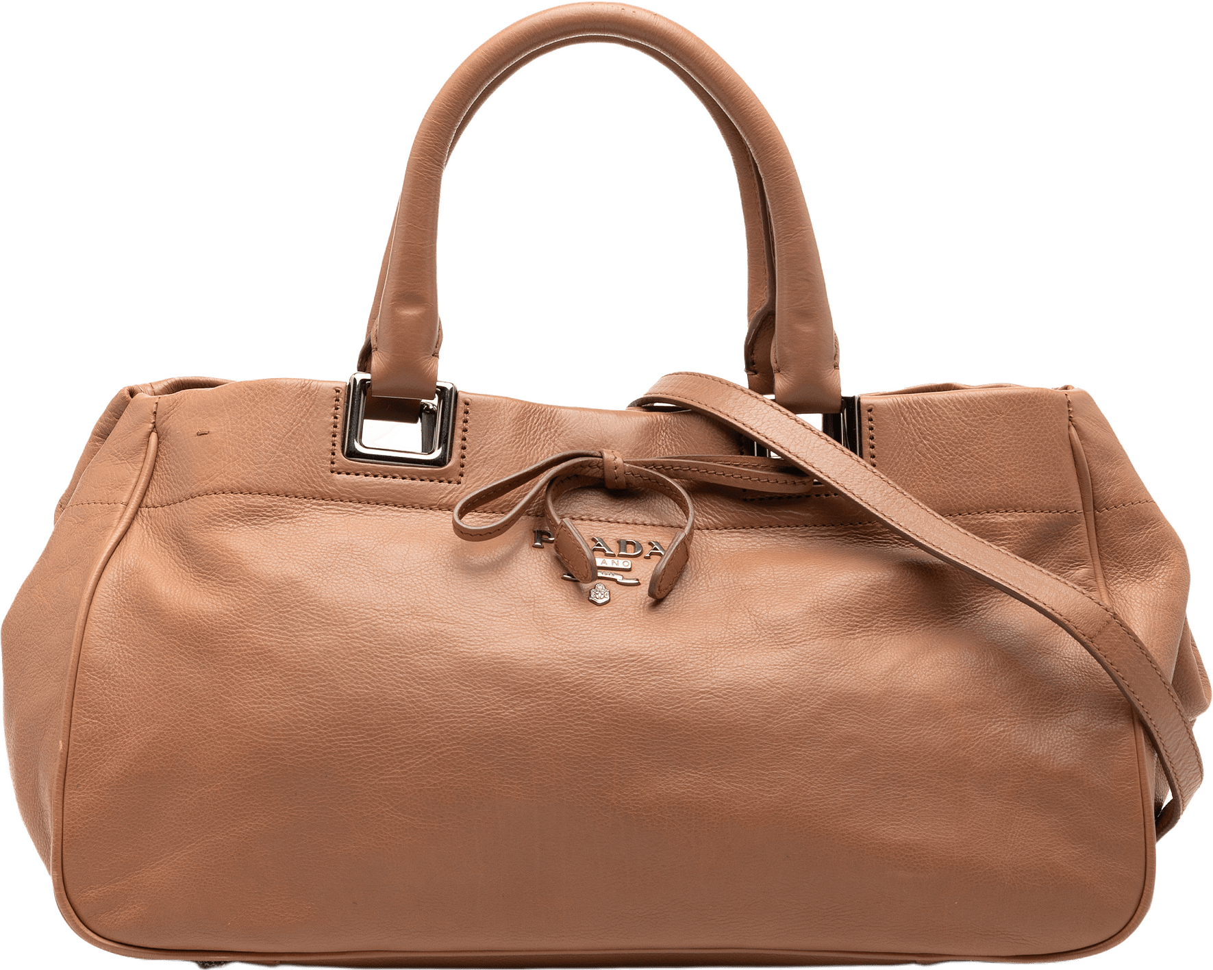 Prada Vitello Ribbon Satchel, från Luxclusif, i färgen caramel.