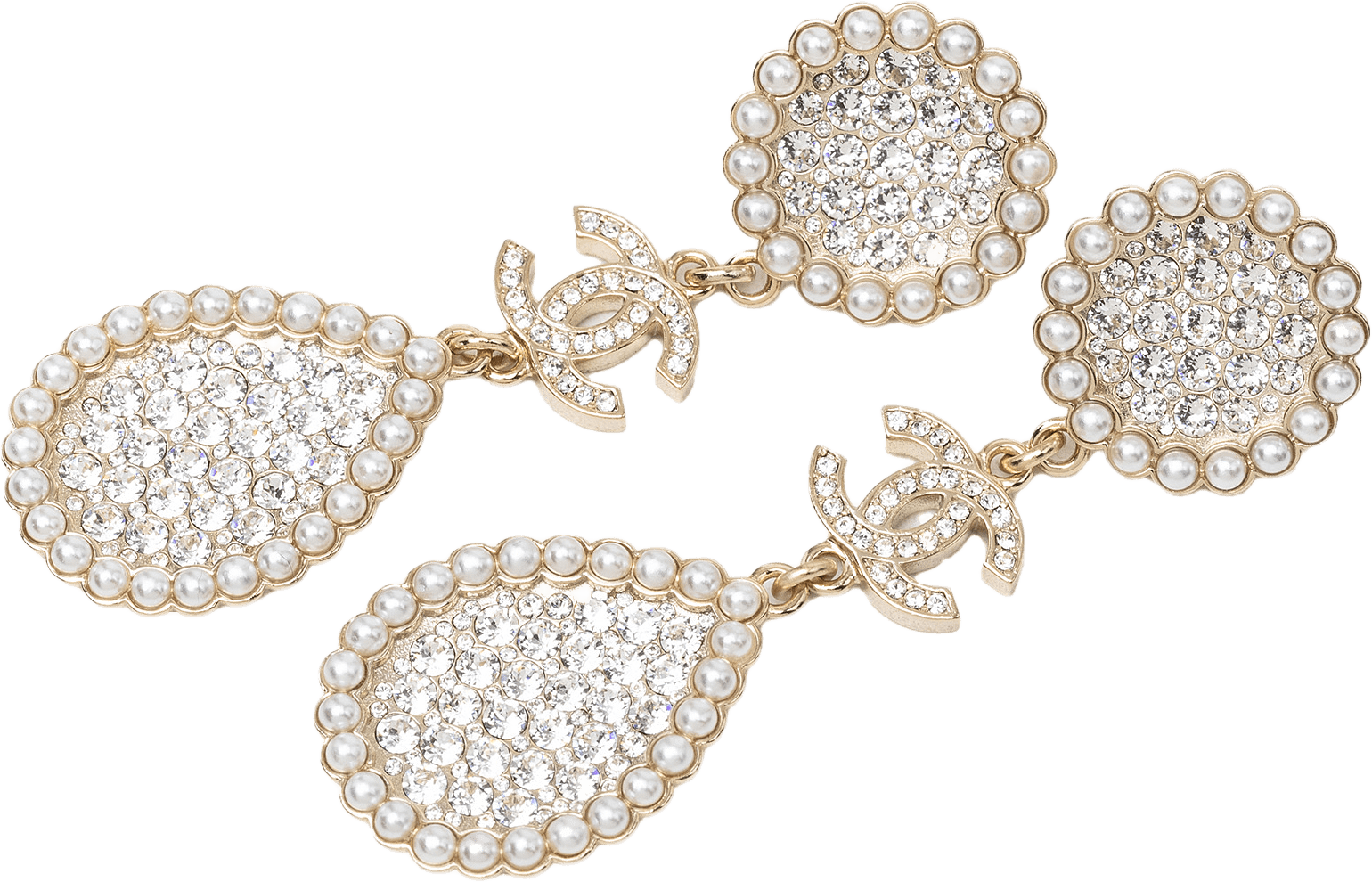 Chanel Cc Gold Plated Strass And Faux Pearl Drop Push Back Earrings, från Luxclusif, i färgen guld.