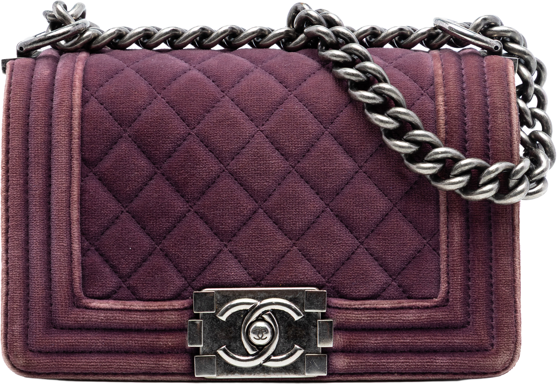 Chanel Small Quilted Velvet Boy Flap, från Luxclusif, i färgen violet.