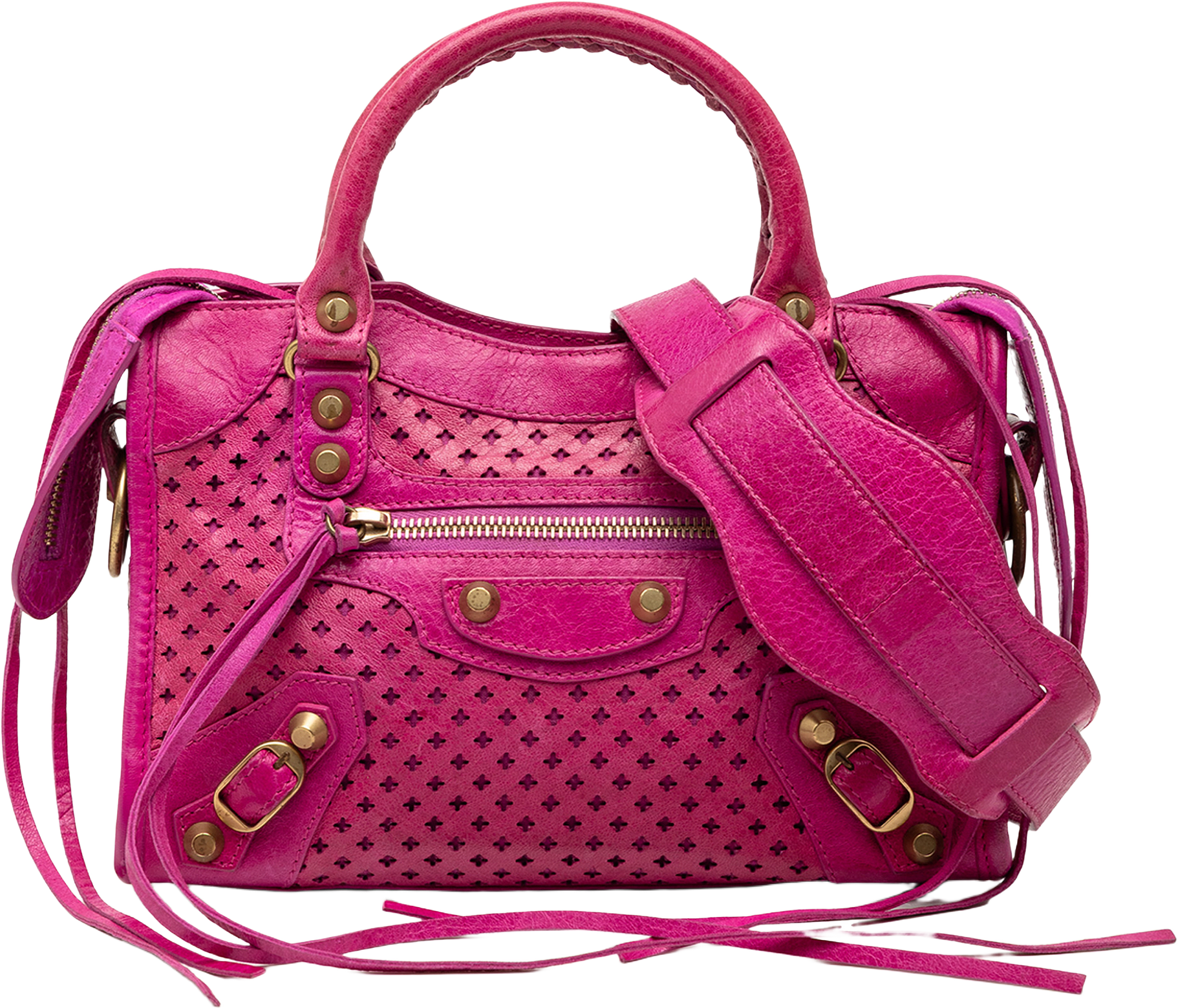 Balenciaga Mini Lambskin Motocross Stadio Laser Cut Cross Classic City Satchel, från Luxclusif, i färgen hot pink.
