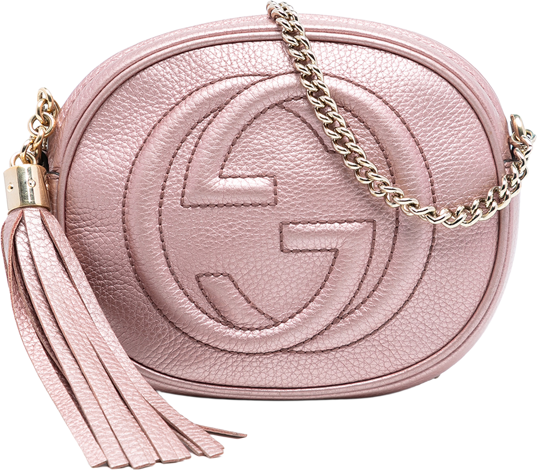 Gucci Mini Metallic Pebbled Calfskin Soho Chain Crossbody, från Luxclusif, i färgen light pink.