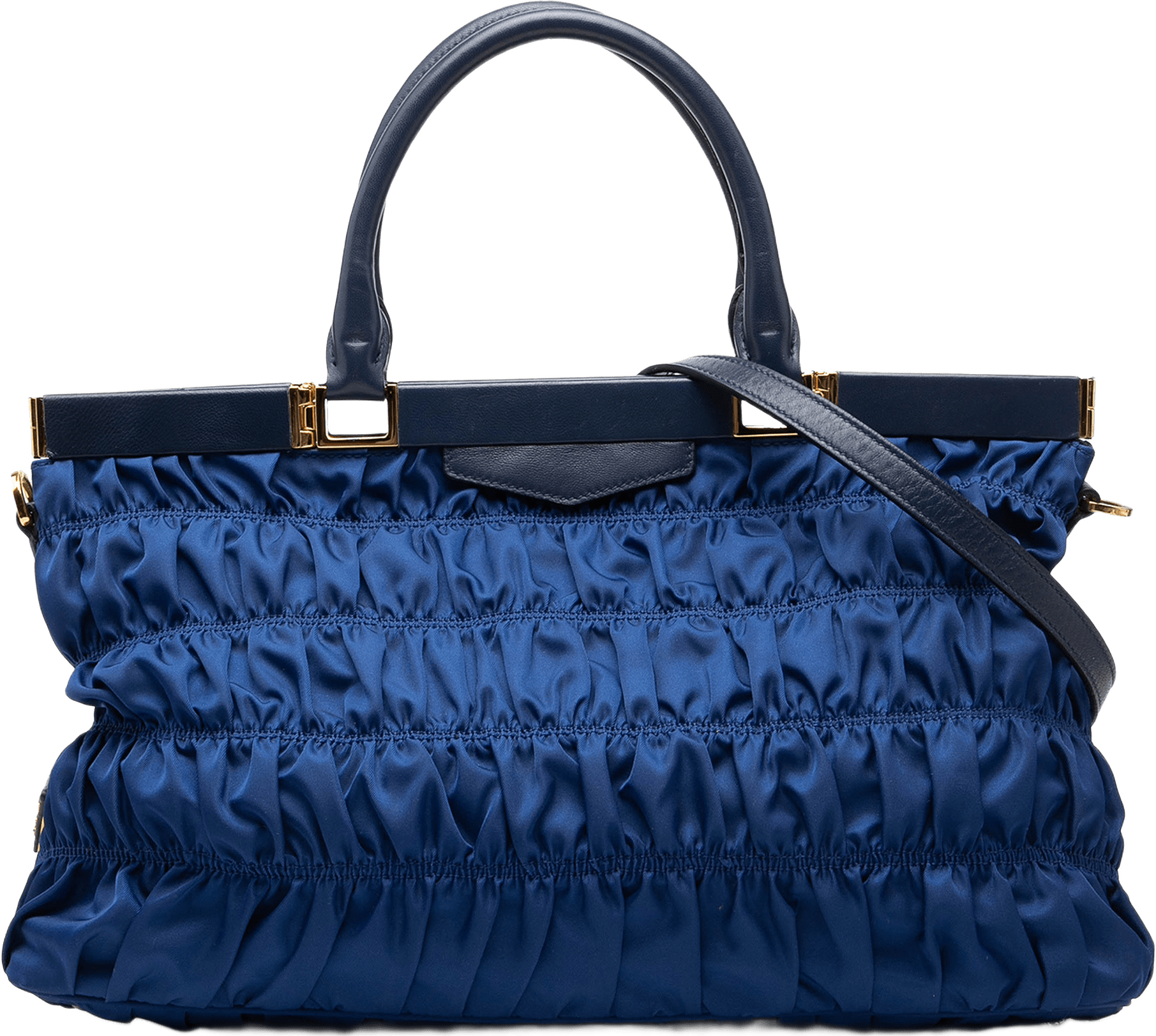 Prada Tessuto Gaufre Frame Satchel, från Luxclusif, i färgen blå.