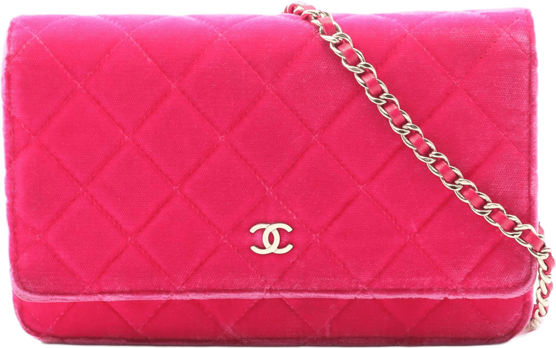 Chanel Cc Quilted Velvet Wallet On Chain, från Luxclusif, i färgen dark pink.