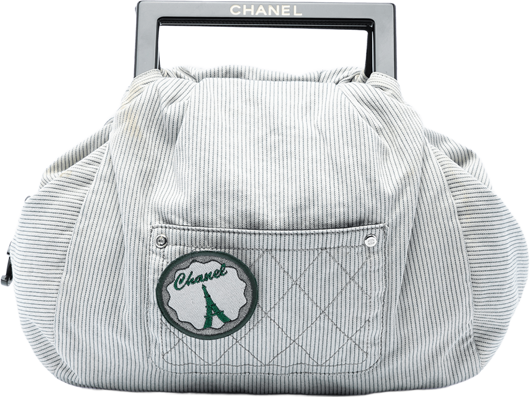 Chanel Striped Canvas Coco Paris Handbag, från Luxclusif, i färgen grå.