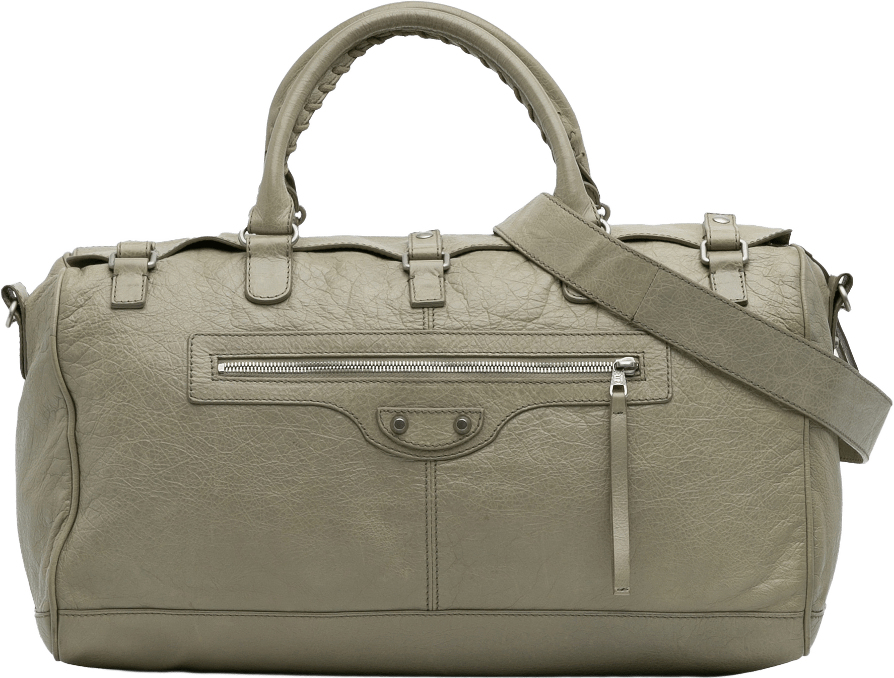 Balenciaga Small Lambskin Motocross Classic Squash Duffle Bag, från Luxclusif, i färgen khaki.