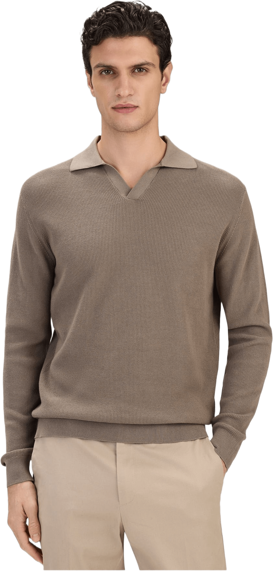 Cotton Texture Knitted L/s Polo Sweater (pavel), från John Henric, i färgen light brown.